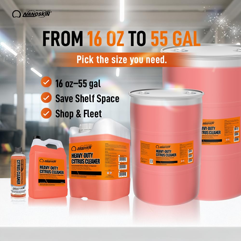 Nanoskin Heavy-Duty Citrus Cleaner & Degreaser Concentrate 5 Gallon, Low-Foam Solvent, Dilutes up to 1:32, Cuts Grease Tar Adhesives, Safe on Metal Concrete Engines, For Auto Detailing, Shop & Home