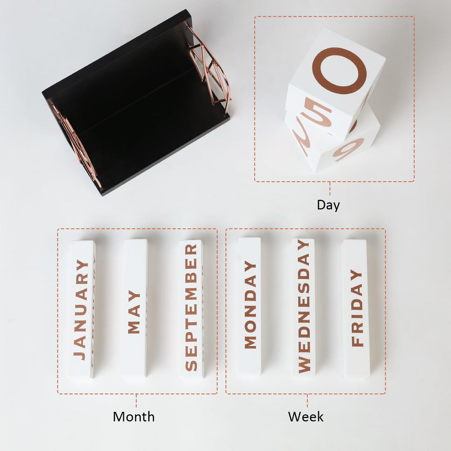 DEERINE Wooden Perpetual Block Calendar for Desk, Rose Gold Daily Desktop Desk Calendar, Modern Farmhouse Aesthetic Desk Accessories for Home Office Decor, Teacher, Classroom, Reusable Yearly