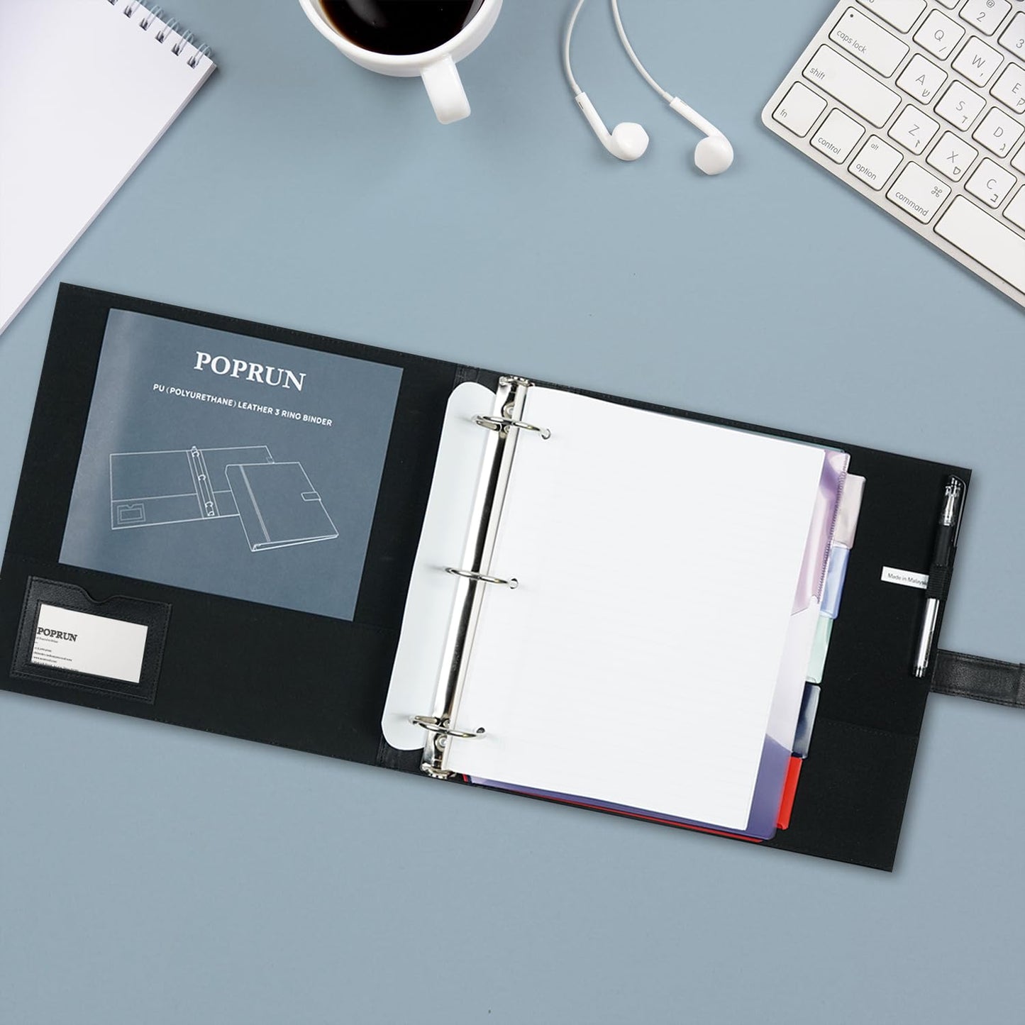 POPRUN PU Leather 2 Inch 3 Ring Binder, Professional Business Organizer- Includes PP Dividers, 100GSM / Grade AA Filler Papers, Card &Sticker for Tab- Ideal for Office Presentation Meetings, Black