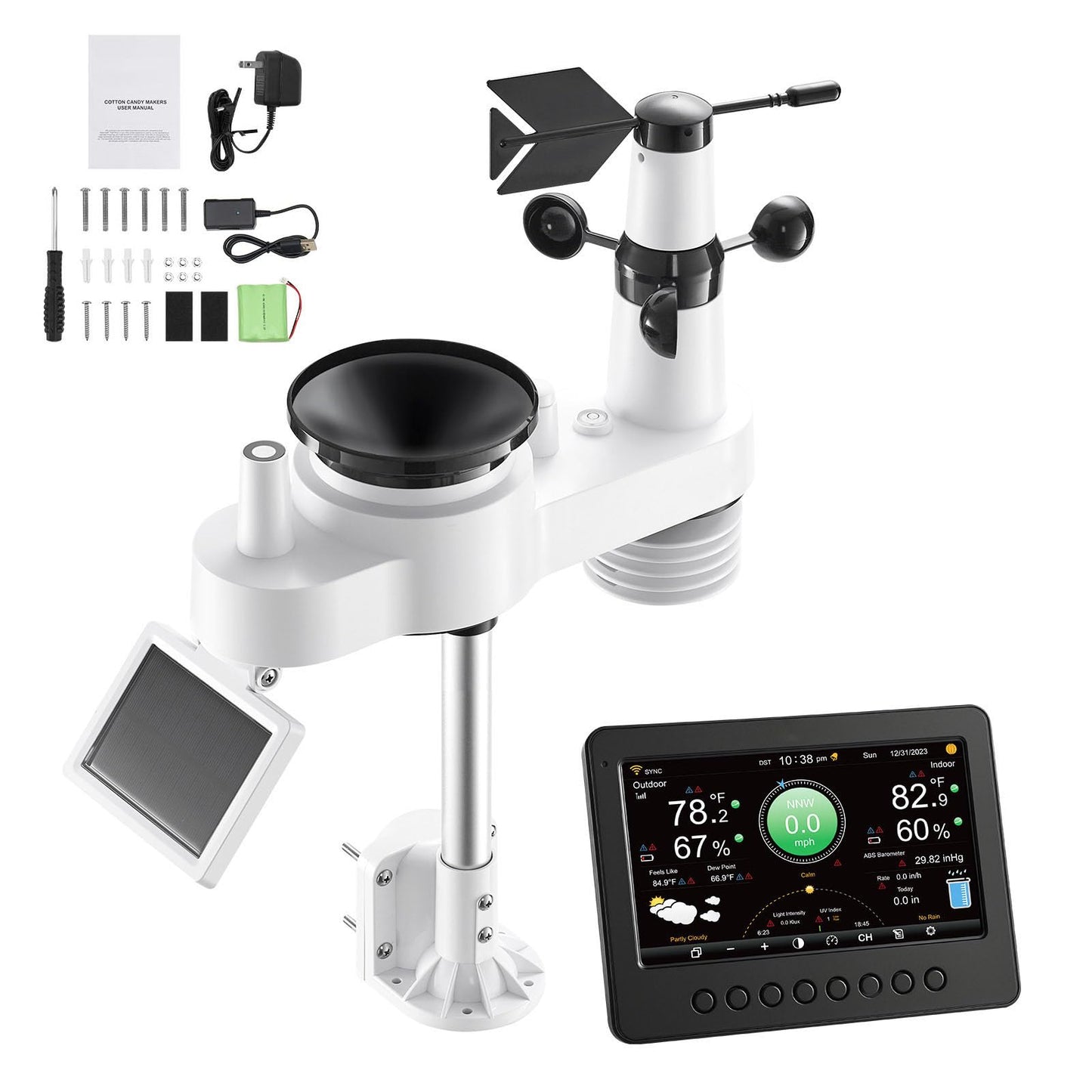 VEVOR 7-in-1 Wi-Fi Weather Station, 7-Inch TFT Display, Wireless Solar Powered Outdoor Sensor, Rain Gauge, Indoor Outdoor for Weather Forecast, Wind Speed Direction, Temperature, Humidity, Rainfall