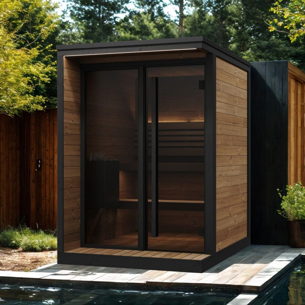 saunalife GL4 Outdoor Sauna Kit, Garden Luxury-Series Outdoor DIY Sauna Kit, Thermo-Spruce, up to 4 Persons Bundles (Sauna Heater and Sauna Stones Included) (HIVE MINI 6 WiFi - Glass)