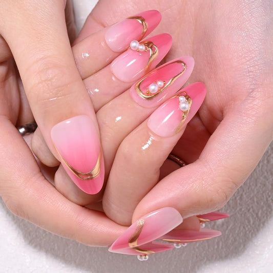 XZMeiLun Pink Ombre Gold Frame Pearl Flower Press on Nails, Medium Almond Acrylic Fake Nails Design, Natural Reusable Nails Kit for Women DIY False Nail Art Decoration Gift, Salon Quality Reusable