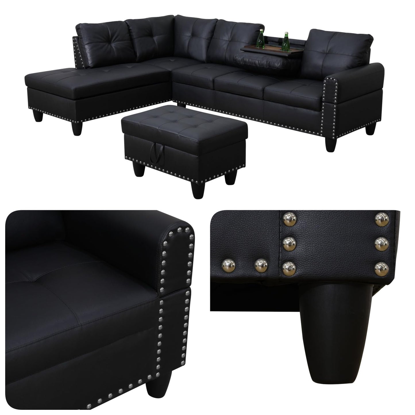Topcomfy 97.5" L Shaped Couch Set, Modular Sectional Couches for Living Room with Storage Ottoman, 4 Seat Home Sofa Living Room Furniture Sets with Chaise for Apartment Office (Leather, Black)