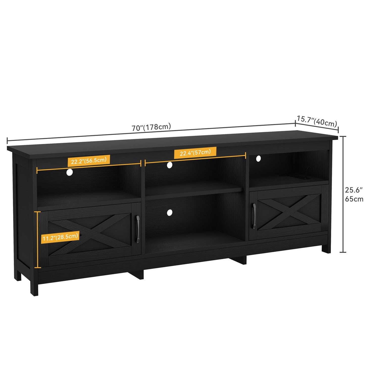 DWVO Farmhouse TV Stand with Power Outlets & LED Lights, Entertainment Center for TVs up to 80", TV Console with Storage Cabinets & Open Shelves for Living Room (Black)