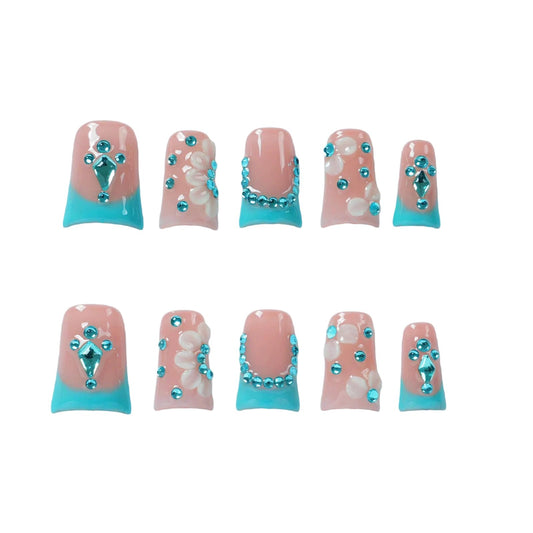 Tesytto Handmade Press On Nails Pink Blue French Tip Short with Crystal Rhinestone and 3D White Flower, Stick On Fake Nails for Women Girls, Reusable Cute Daily False Nails,10 Pcs(Azure Cloud Bloom,S)
