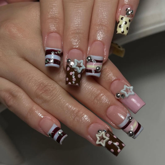 plalely Press on Nails French Tip, Handmade Acrylic Press on French Tip Nails with Flower Designs，Long Square Nail Press Ons for Women 24pcs