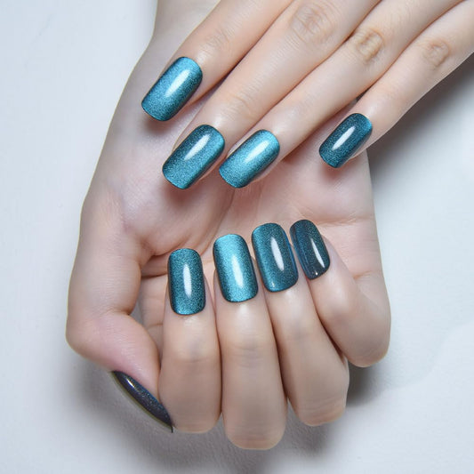 XZMeiLun Cat Eye Teal Green Press On Nails Medium Long Length Square, Designer Reusable Acrylic Fake Nail with 24 ps, Glossy Gel Nails Wedding Party, Stick On Glue On Nail, Nails Press Ons for Women