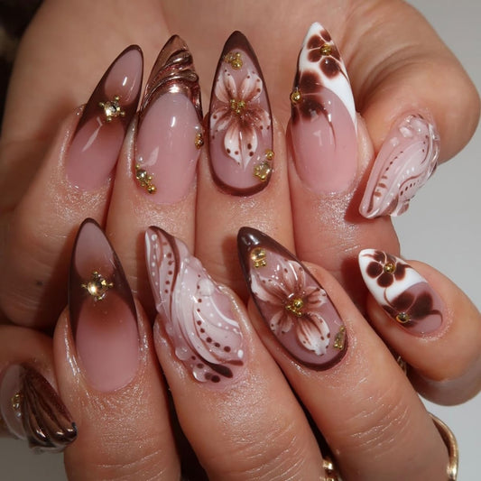 MINGCHUN Medium Press on Nails Almond French Tip Flower Fake Nails Press ons Acrylic Nail Art Kit Full Cover False Nails Glue on Nails with 3D Textured Steel Ball Design for Women Nail Supplies 24Pcs