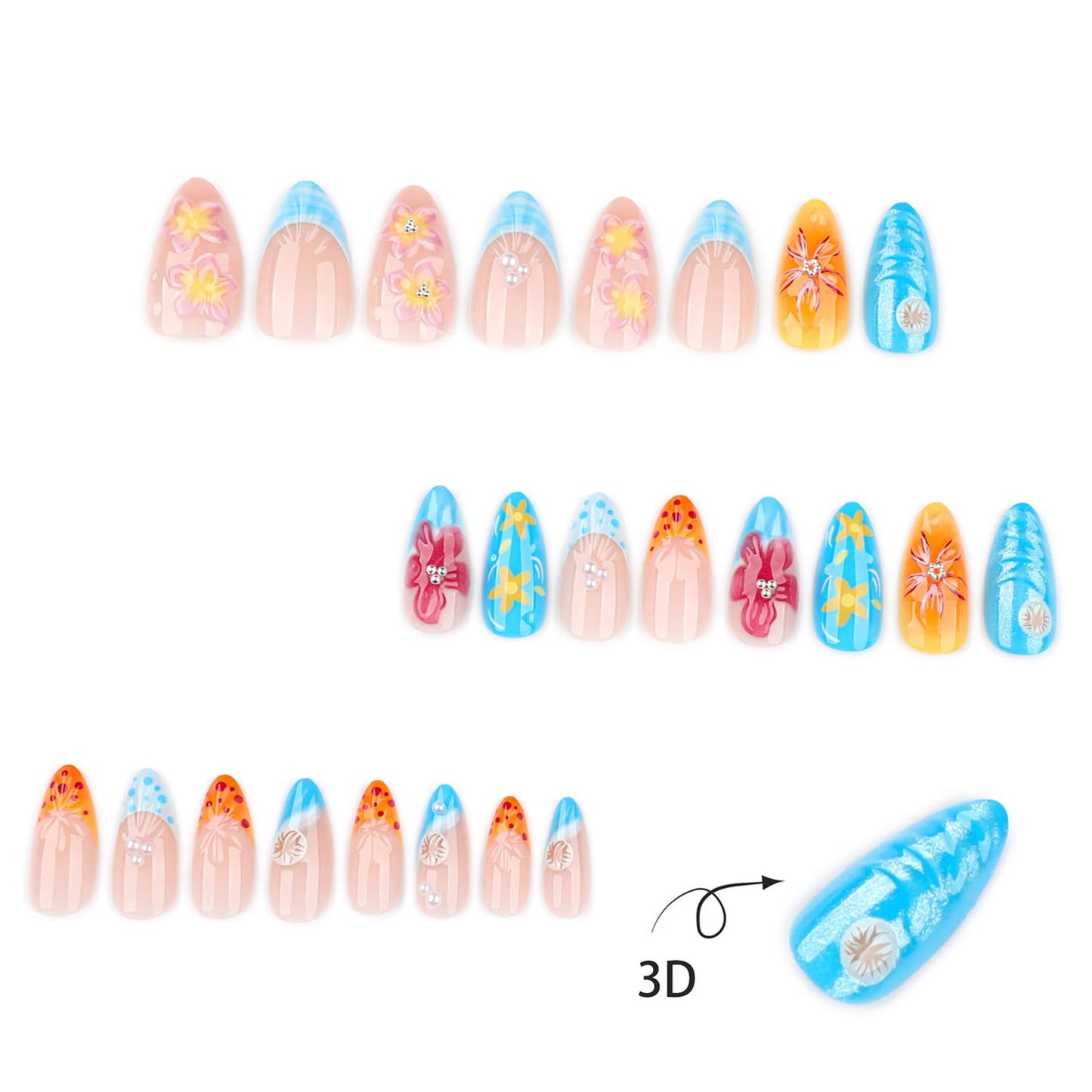 BSBTBZ Tropical Flowers Press on Nails 24Pcs Short Almond Acrylic ABS False Nails with Bead Pearl Charms Design Glue on Nails Summer Floral French Tip Style