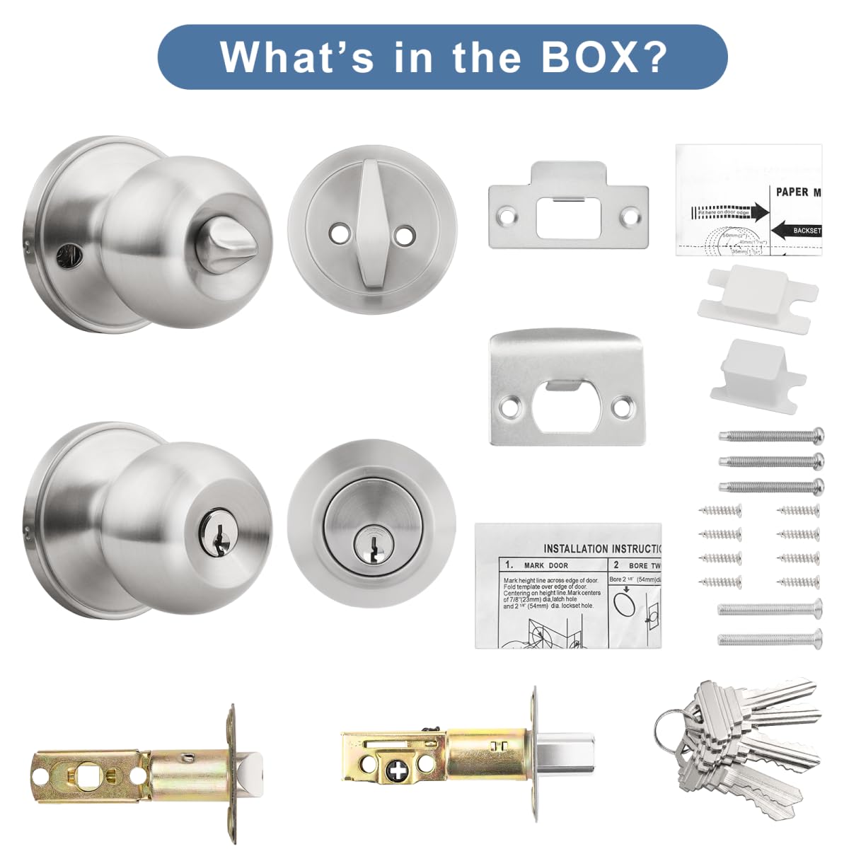 Knobonly Keyed Alike Exterior Door Knob, Round Outdoor Lock with One Sided Deadbolt, Stainless Steel, Satin Nickel Door Knobs, Silver Door Handle Sets, 4 Pack