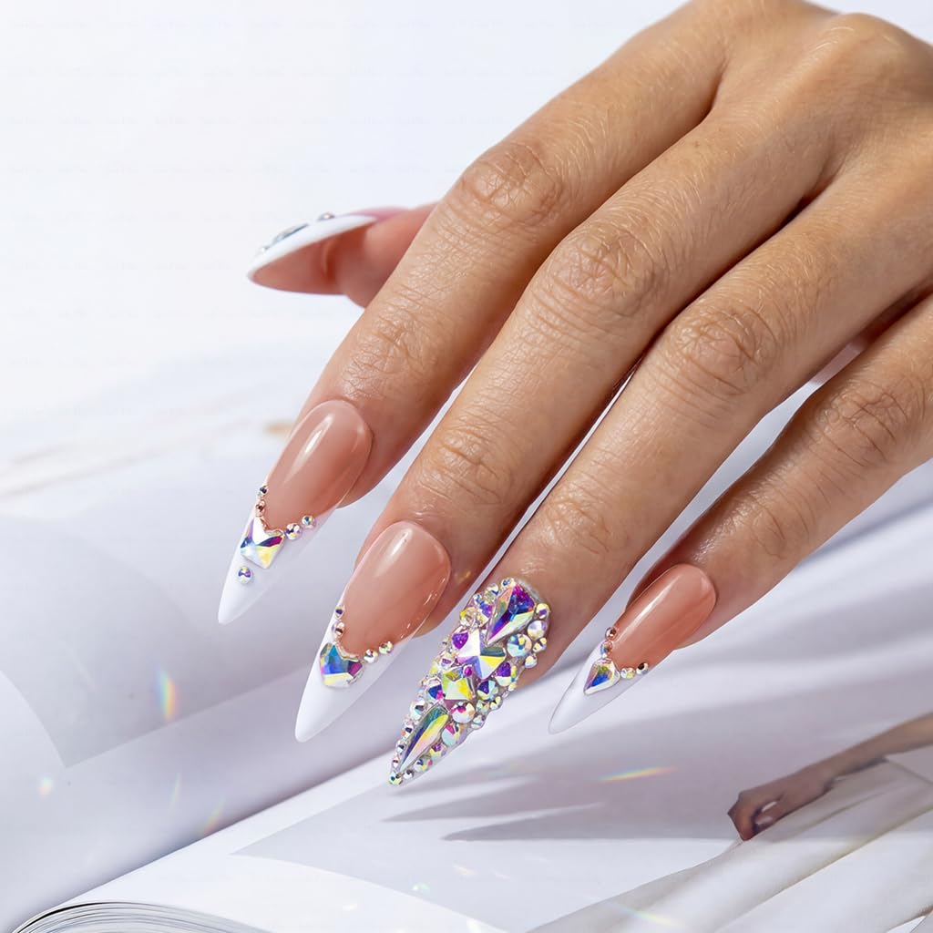 IntoVibes 10 Pieces Handmade Long Almond Press On Nails, White Thickened French False Nails With Rhinestone Decorate, Reusable Fake Nails Almond, Reusable Acrylic Nails (M)