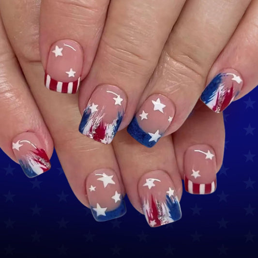 Nude Pink Independence Day Press on Nails Short Square French False Nail Red Blue White Lines with Stars Fake Nails Reusable 4th of July Press Ons Artificial Fingernails for Women Festival Manicure