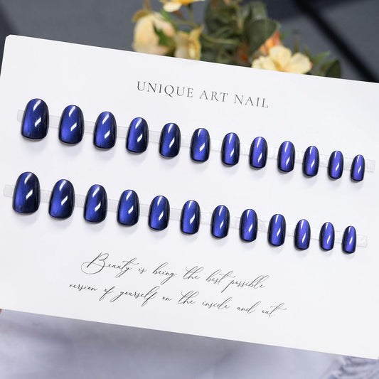 XZMeiLun Cat Eye Blue Press On Nails Almond Medium Length, Magnetic Acrylic Fake Nails Stylish Design, Salon-Quality Shiny Finish, Reusable Stick On Nails Kit for Women, Daily Wear (No Glue Included)