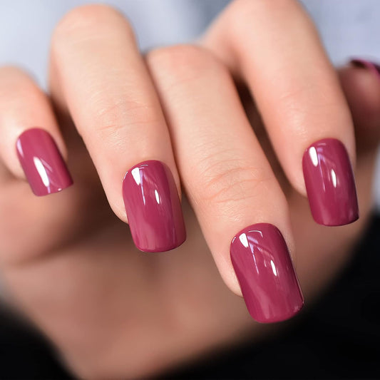 Glossy Dark Rose Pink Press On Nails Short - IKISKT Acrylic False Nails, Glue On Nails with Glue Sticker Salon Women Girls DIY Stick On Nails - 24PCS UV Gel Reusable Daily Wear Fake Nails Kit