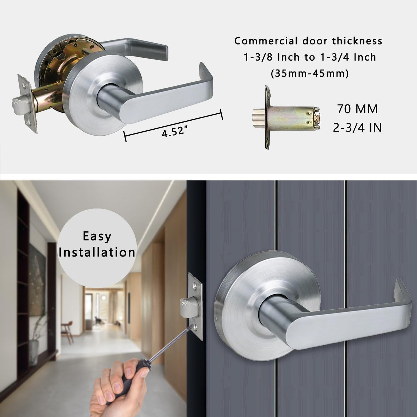 HISAFE Heavy Duty Commercial Passage Door Lever, Satin Chrome Finished Non-Locking Grade 2 Door Handle, UL 3 Hour Fire Rated Ergonomic Lever for School/Hotel Hallway, 70mm Latch