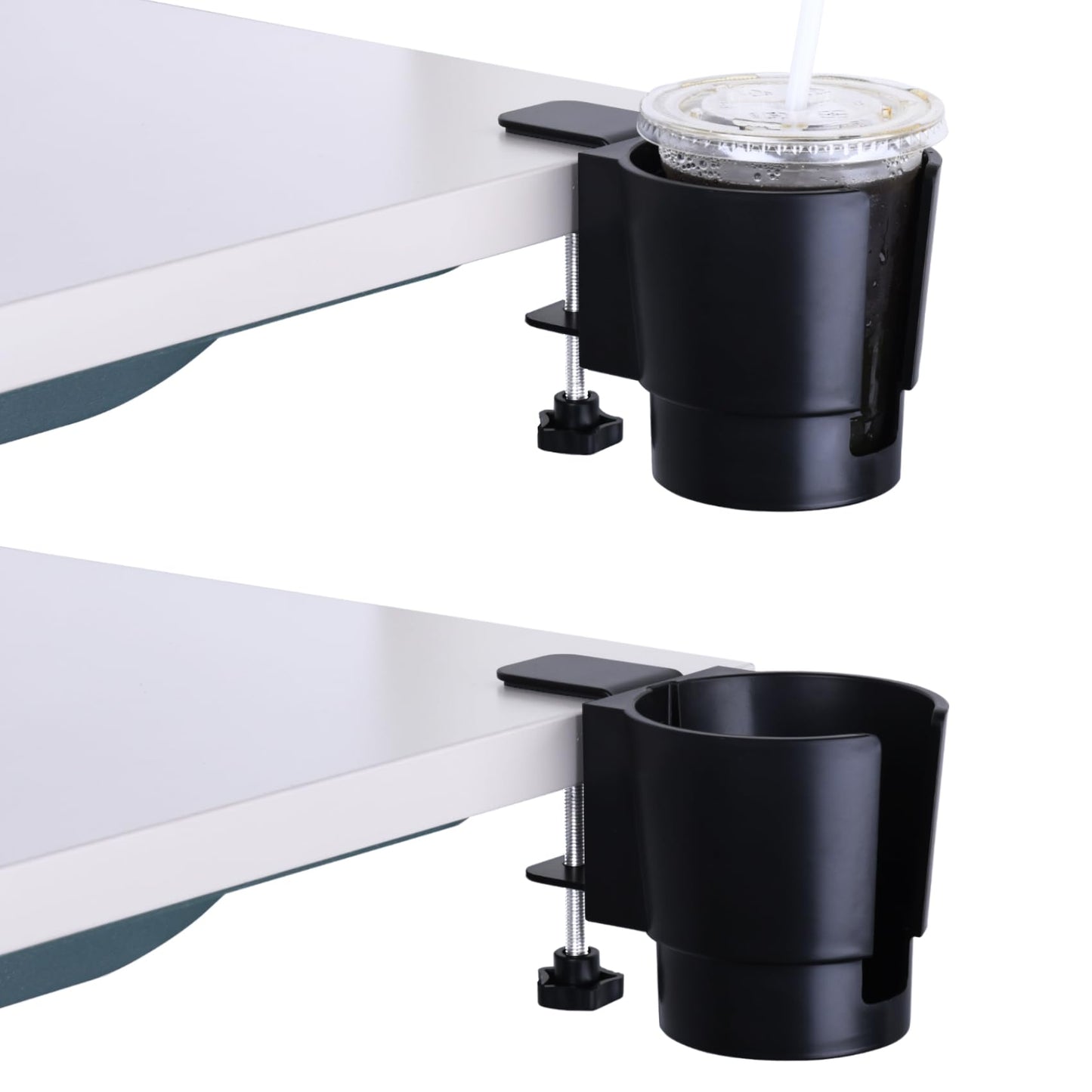 Universal Large Desk Cup Holder Clamp on, Heavy Duty Plastic Drink Holder for Table, Porch Swing, Patio Chair, Clip On Anti-Spill Bottle Holder for Most Cups, Bottles, Cans, Tumbles, Black, Pack of 1