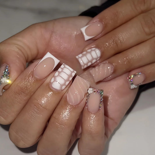BABALAL Acrylic Press on Nails Short Square Fake Nails with Glue White French Tip 3D Texture Handmade Design False Nails Supplies with Charm Bling Press-ons 24Pcs Squoval for Women Girls