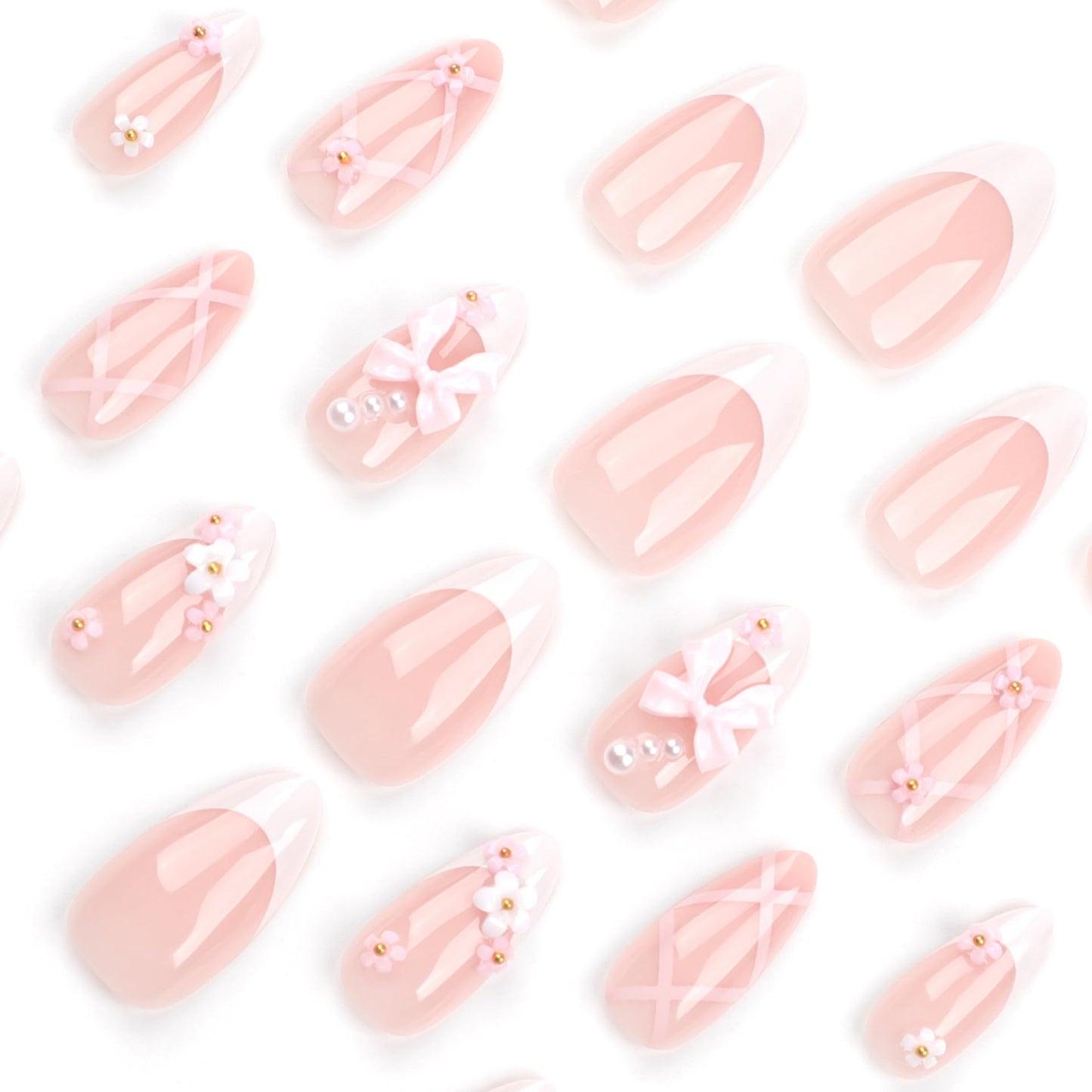 Acrylic Nail Art with Bows and Peal and Rhinestones, French Manicure Style, Almond shape for soft woman and girls