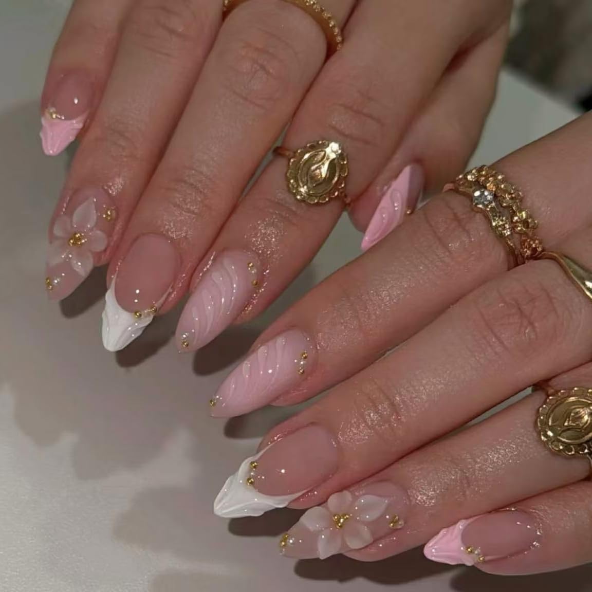 Handmade French Tip Press on Nail Almond Fake ons with Designs Chrome False Nails Long Glossy Full Cover Glue on Nails Stick Women Nails Manicure Decoration 10Pcs (MT-169-L)