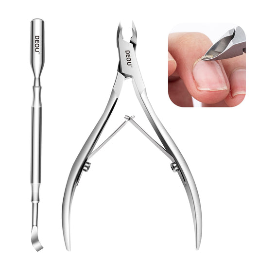 DEOU professional cuticle scissors, salon manicure tools, stainless steel eyelash trimmer, Manicurist nail care blade, extremely sharp, for women's manicure (Cuticle scissors+Steel push)