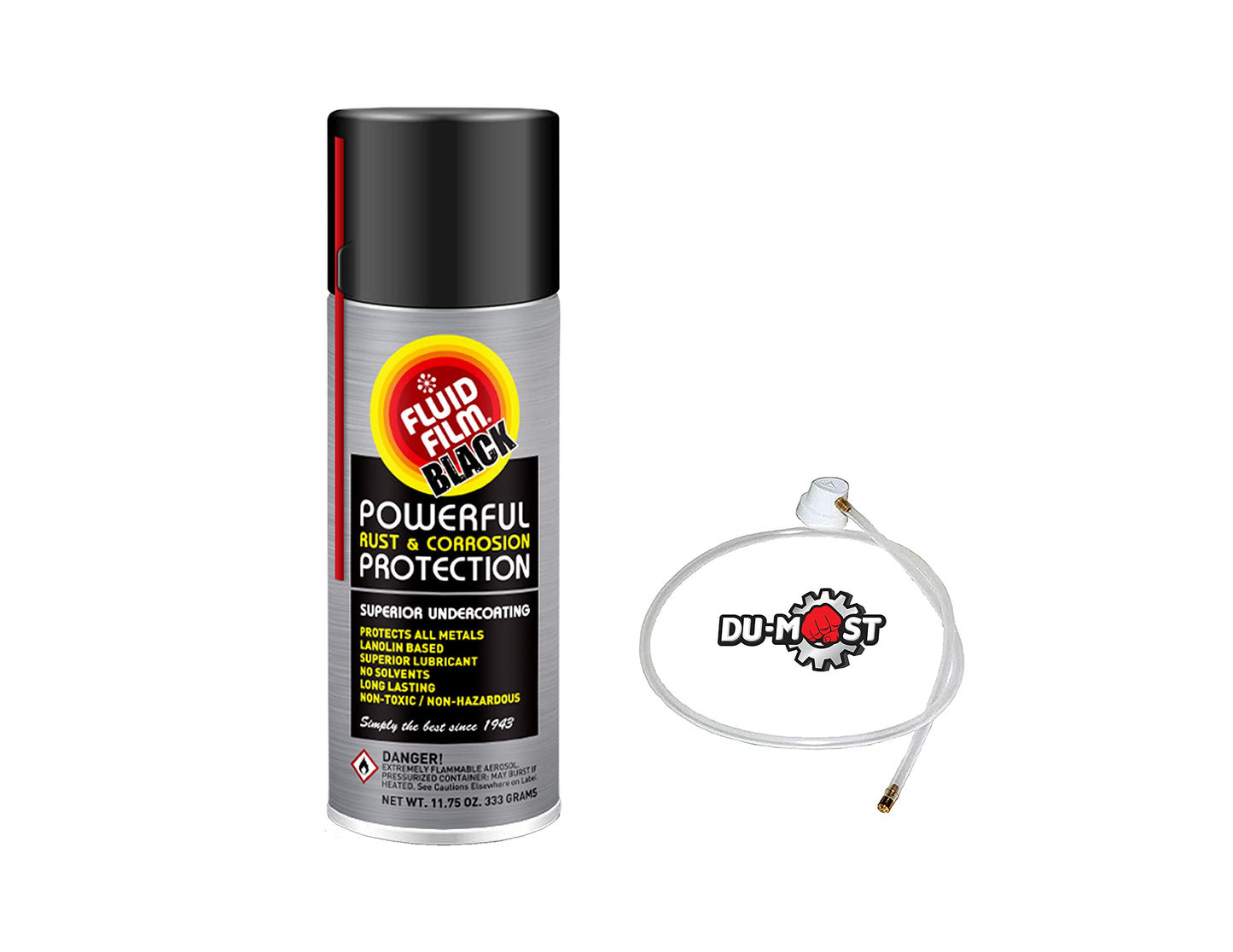 Fluid Film BLACK (12 Aerosol Cans) with DU-MOST 2' Extension Hose & Nozzle, Long Lasting Corrosion Prevention, Penetrant & Lubricant, Marine, Automotive & Snow-Handling Vehicles Undercoating, 11.75 Oz