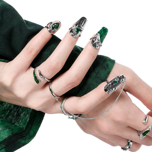 5Pcs Finger Tip Nail Rings for Women, Adjustable Opening Nail Art Charms Accessories, Finger Tip Ring Claw Rings Nail, Irregular Fingertip Nail Armor Ring Punk Jewelry Set (Green)