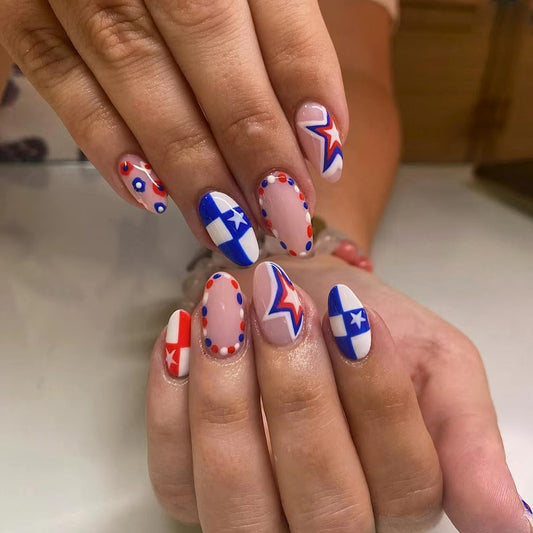 Independence Day Press on Nails Medium Almond Fake Nails Red White Blue Plaid Full Cover False Nails Press ons Glossy Star Patriotic Nails 4th of July Glue on Nails for Women Manicure 24Pcs