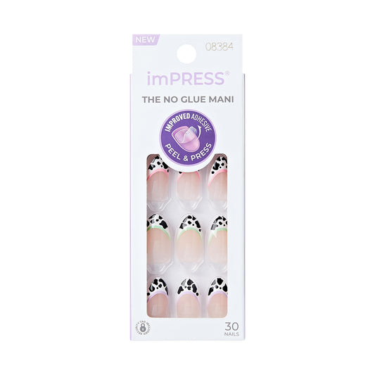 KISS Impress No Glue Mani 30 Pcs Press on Nails, Medium Squoval Design Nail, Black & White Dotted Zebra Animal Print, Simple Peel & Press Easy Apply, Hassle-Free Removal, Essential Tools Included