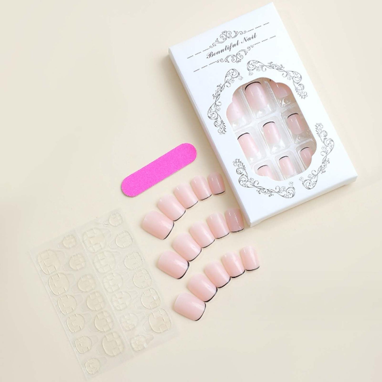 YoYoee Short Nude Nails Tips Black French False Nails Square Press on Nails Full Cover Fake Nails for Women and Girls 24PCS