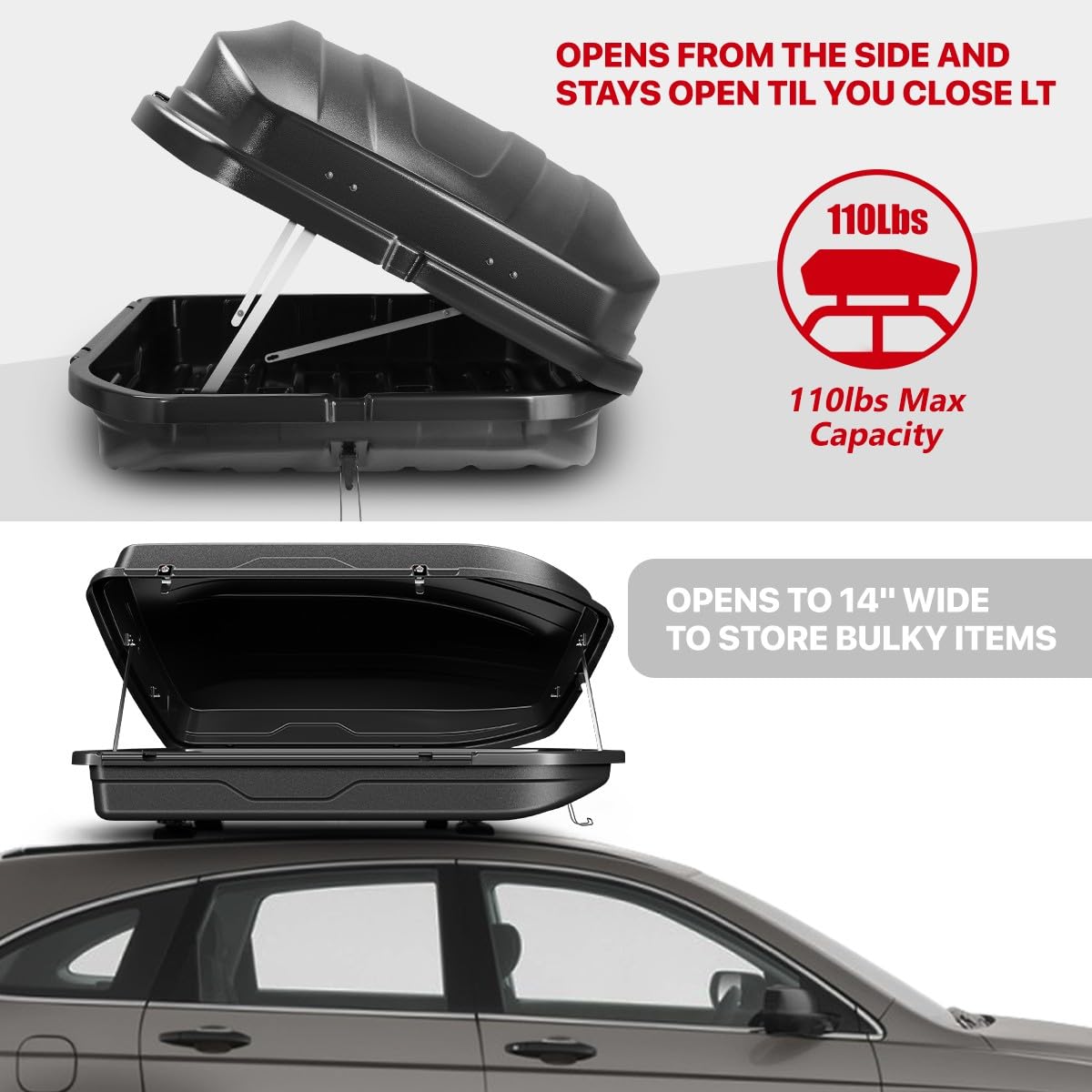 DNA MOTORING Rooftop Cargo Box, 13 Cubic Ft 110 lbs Capacity, Car Top Cargo Carrier Hard Shell Weatherproof Lockable Heavy Duty Car Top Storage Case Roof Box, 56.3" L x 36.8" W x 16.25" H, PT-ZTL-8188