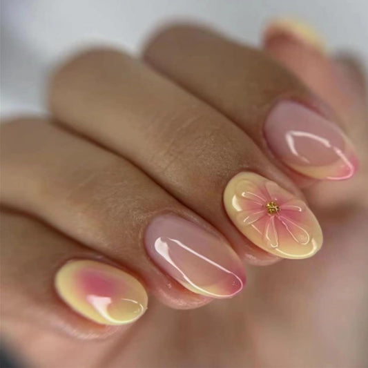24Pcs Yellow French Tip Press on Nails Short Almond Fake Nails with 3D Flower Glue on Nails Gradient False Nails Summer Acrylic Nail Full Cover Floral Stick on Nail for Women Nail Art Designs