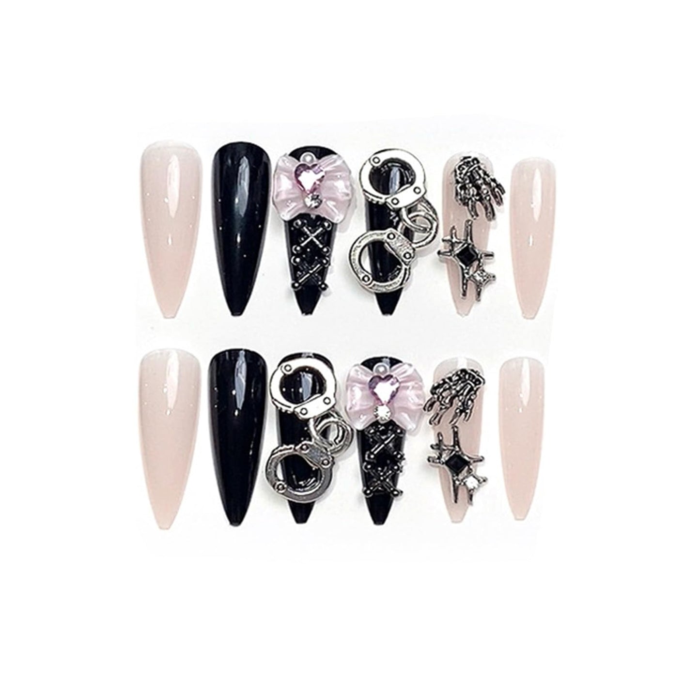 SINHOT Stiletto Press on Nails - Long Fake Nails, Glossy Finish, Y2K Charms & Goth Black, DIY Artificial False Nail Art - 24 Pcs Nail Kit with Glue