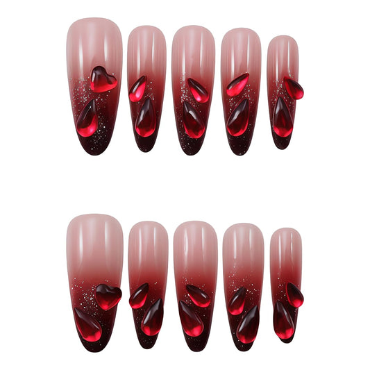 WZHAOJUN Handmade Press On Nails, Red Black Gradient Fake Nails With 3d Red Heart Rhinestones, Glitter Ombre Acrylic False Nails, Gothic Romantic Handmade Nail Art For Women Daily Party