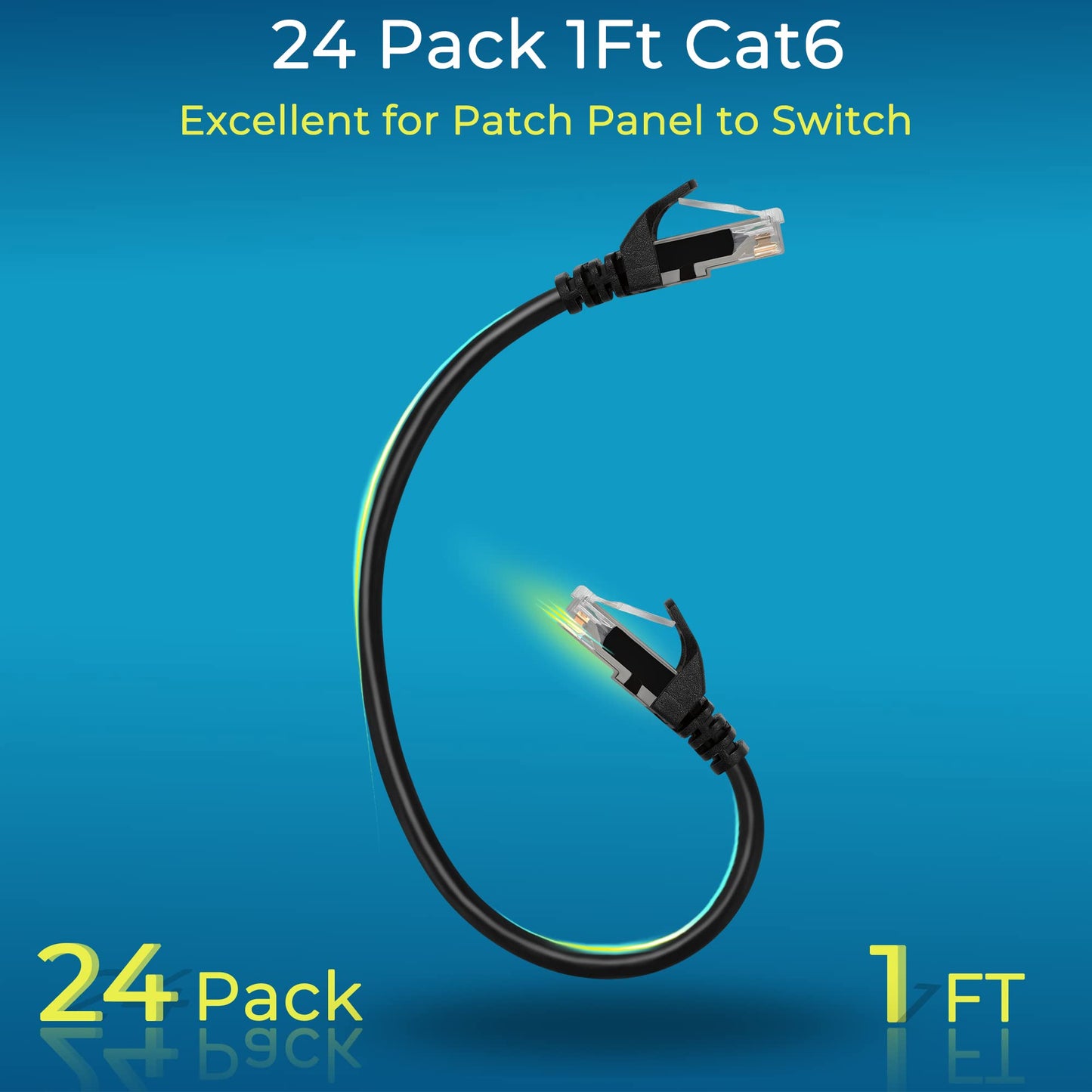 Rapink Patch Cables Cat6 1ft (24 Pack), Ethernet Patch Cable 10G, Cat 6 Patch Cable for Patch Panel to Switch, Flexiable Cat 6 Ethernet Cable with Gold Plated Black
