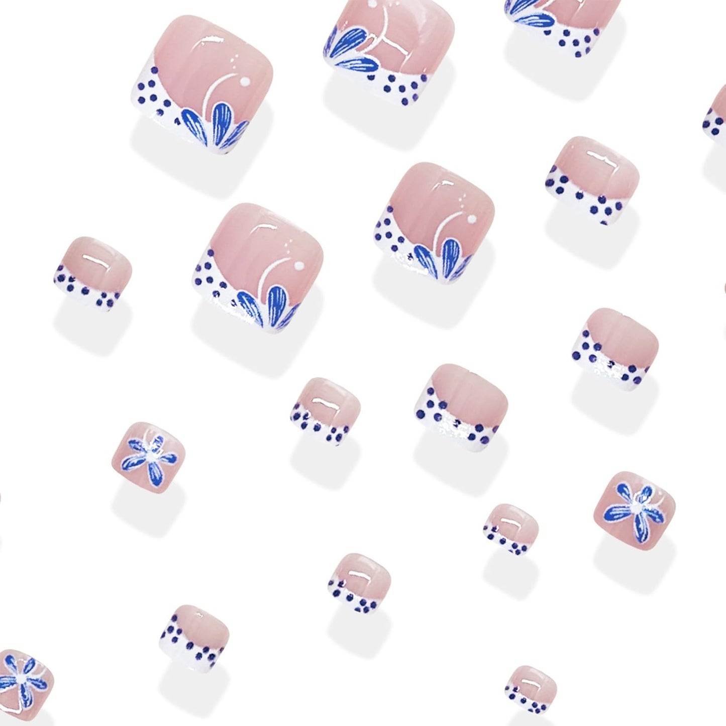 Polka Dot French Tip Press on Toenails Short Square Fake Toenails Blue Flower Toe Nail Press ons Reusable Acrylic Stick on Toes Summer Nails for Women Daily Vacation Manicure 24Pcs