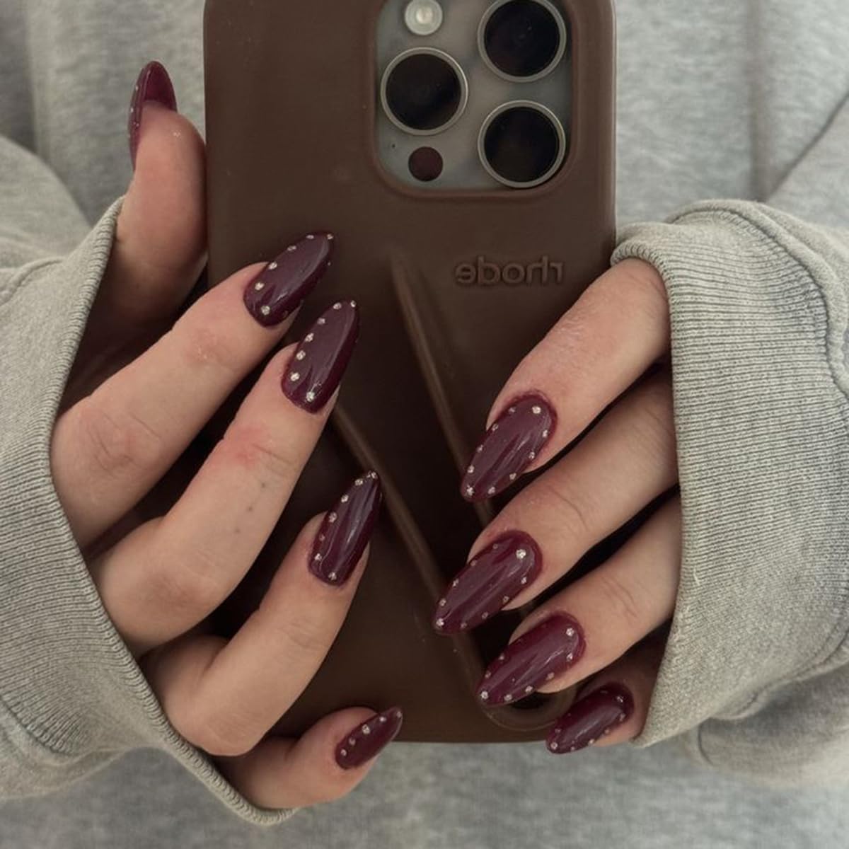 Dark Red Press On Nails - Medium Almond Acrylic Fake Nails with Silver Dots Designs,30Pcs Fall Winter Manicure Kit for Women Girls