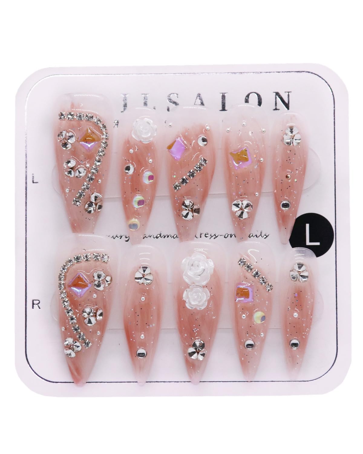 CAMILCY Handmade Press on Nails Long Stiletto Glossy Nude Pink Fake Nails with 3D Flowers Rhinestones Luxury Crystal Bling Acrylic Nails Reusable Stick on Nails for Women (B04, L)