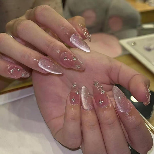 Pink Press On Nails Almond Medium Fake Nails Glitter With Rhinestone Design False Nails Press Ons Glossy Acrylic Nails Reusable Glue On Nails For Women Girls