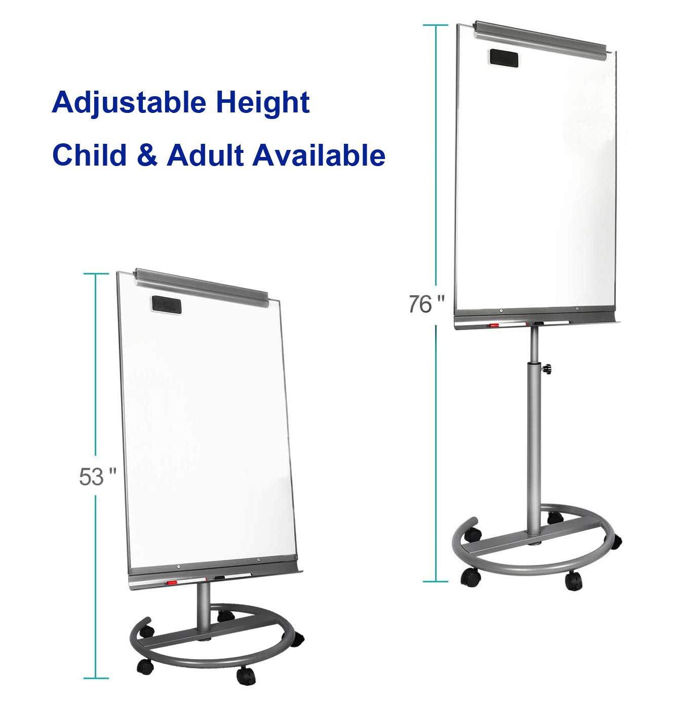 BIBOC Mobile Dry Erase Board – 40x26 inches Magnetic Portable Whiteboard Stand Adjustable Easel White Board Flipchart Easel Board with 25 Sheets Paper Pad 1 Eraser, 2Markers