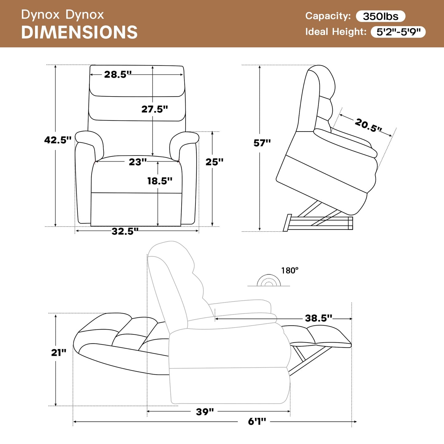 DYNOX 350 LBS Genuine Leather Power Lift Recliner Chair for Elderly, Medium Size Dual Motor Lay Flat Infinite Positions Recliner with Heat & Massage (9188,Genuine Leather,Camel)