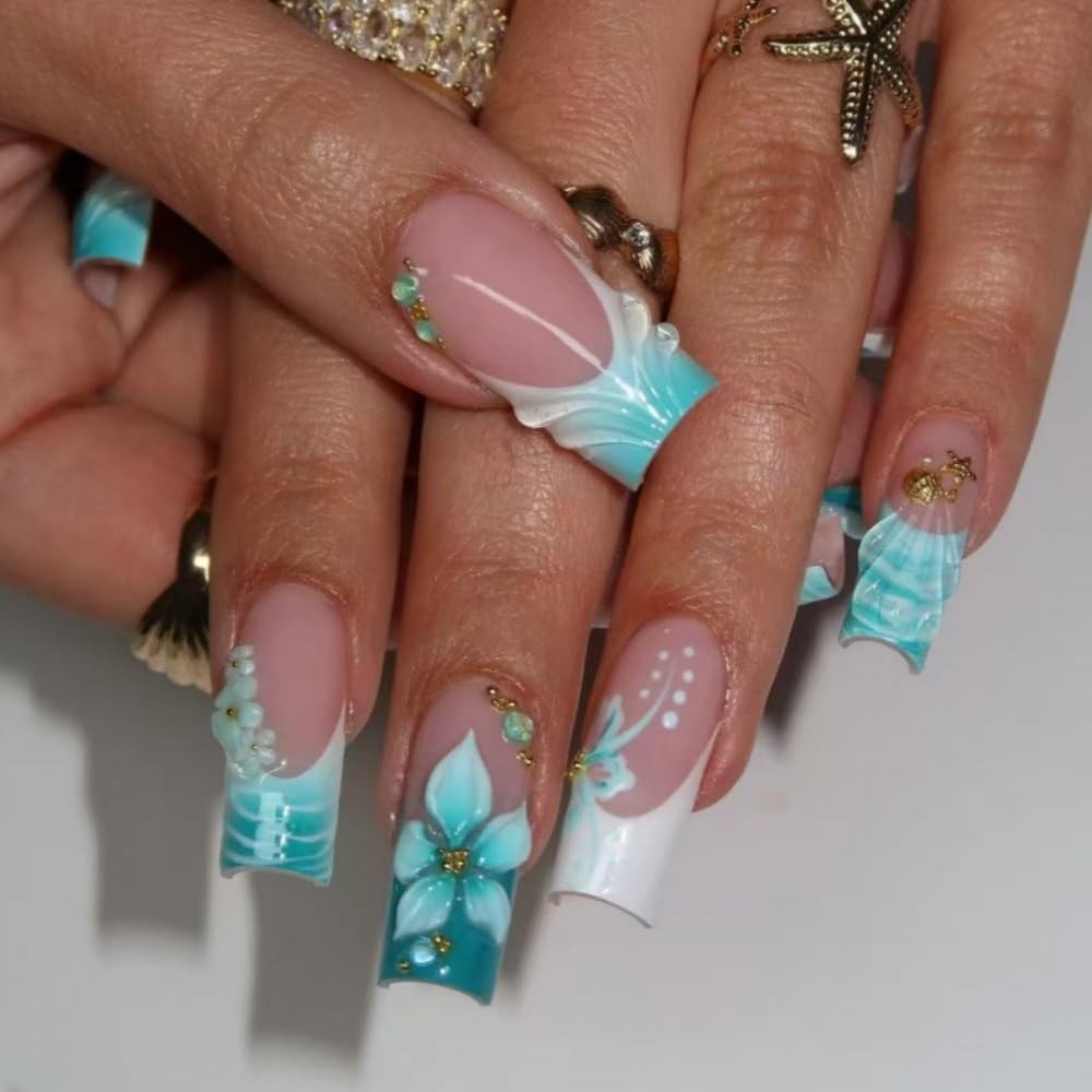 French Tips Press on Nails Medium Square Fake Nails with 5D Flower Charm Design Glossy Green Nails Press on Spring Summer Star Shell False Nail Reusable Ocean Glue on Nail for Women Manicure 24Pcs