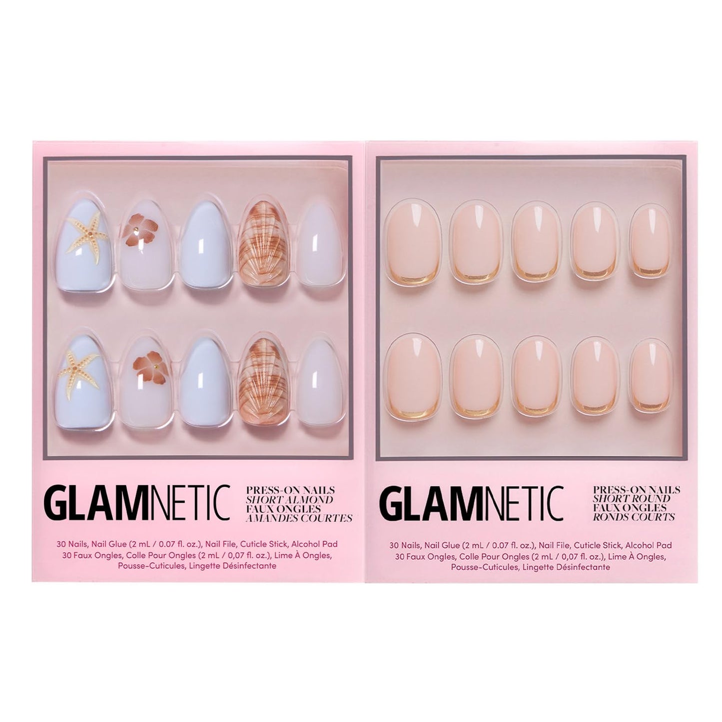 Glamnetic Press-On Nails Bundle - Sea Star & Goal Digger | Short Almond Seashell Fake Nails with 3D Nail Art | Natural Short Round False Nails with Gold Foil | Reusable, Salon-Quality Nail Kits