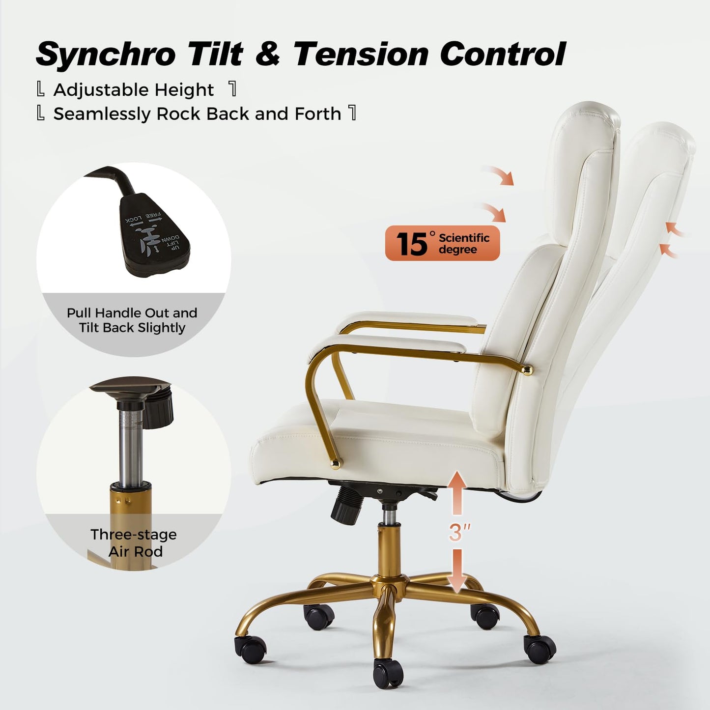 HULALA HOME Executive Office Chair with Adjustable Lumbar Support, Leather Ergonomic Office Chair with Padded Armrests, Tilt and High Back, White and Gold