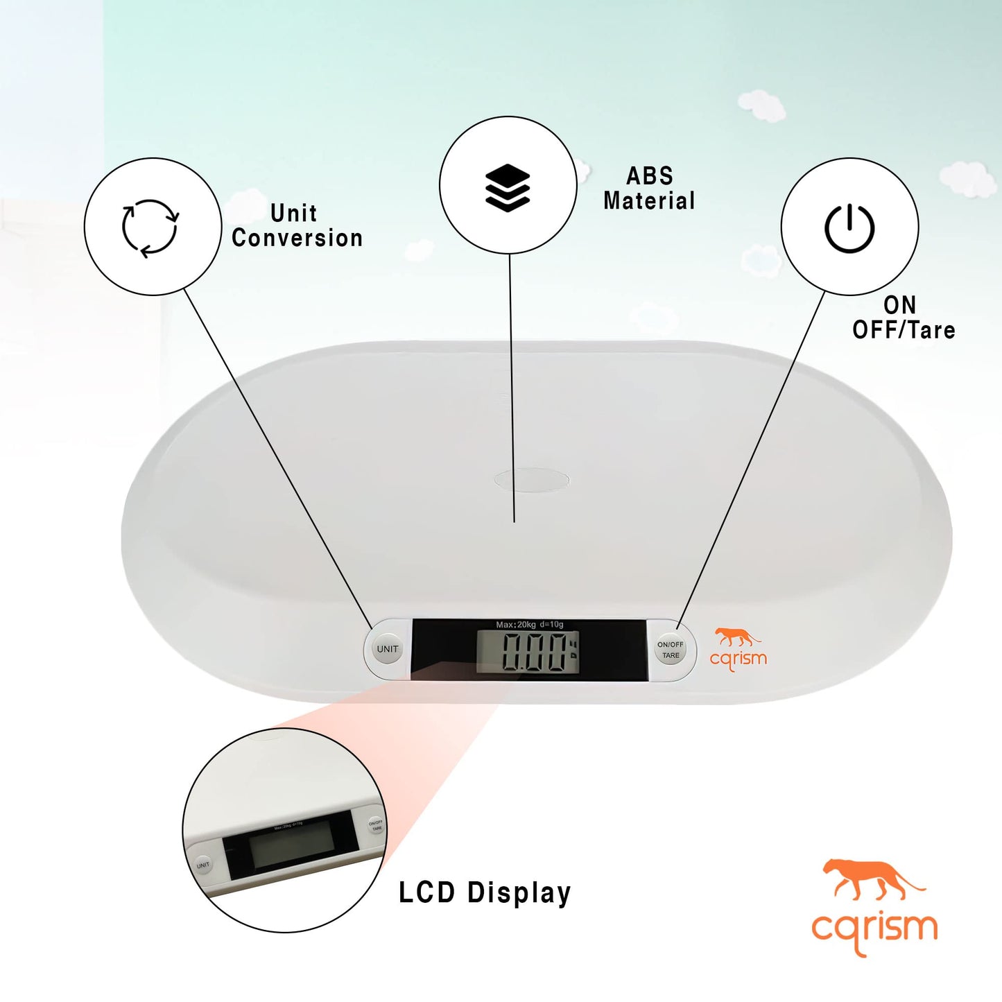 CQRISM Baby Scale, Smart Weighing with 3 Modes, Tare Function, Curved Platform with Ruler for Infants, Newborns, Puppies, Cats, Toddlers