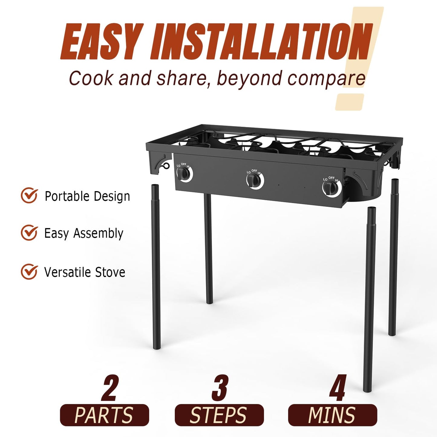3 Burner Propane Gas Stove with Dustproof Cover & 20PSIG Regulator, Camp Stoves, 225,000 BTU High Pressure Burner for for Backyard Cooking Camping Home Brewing