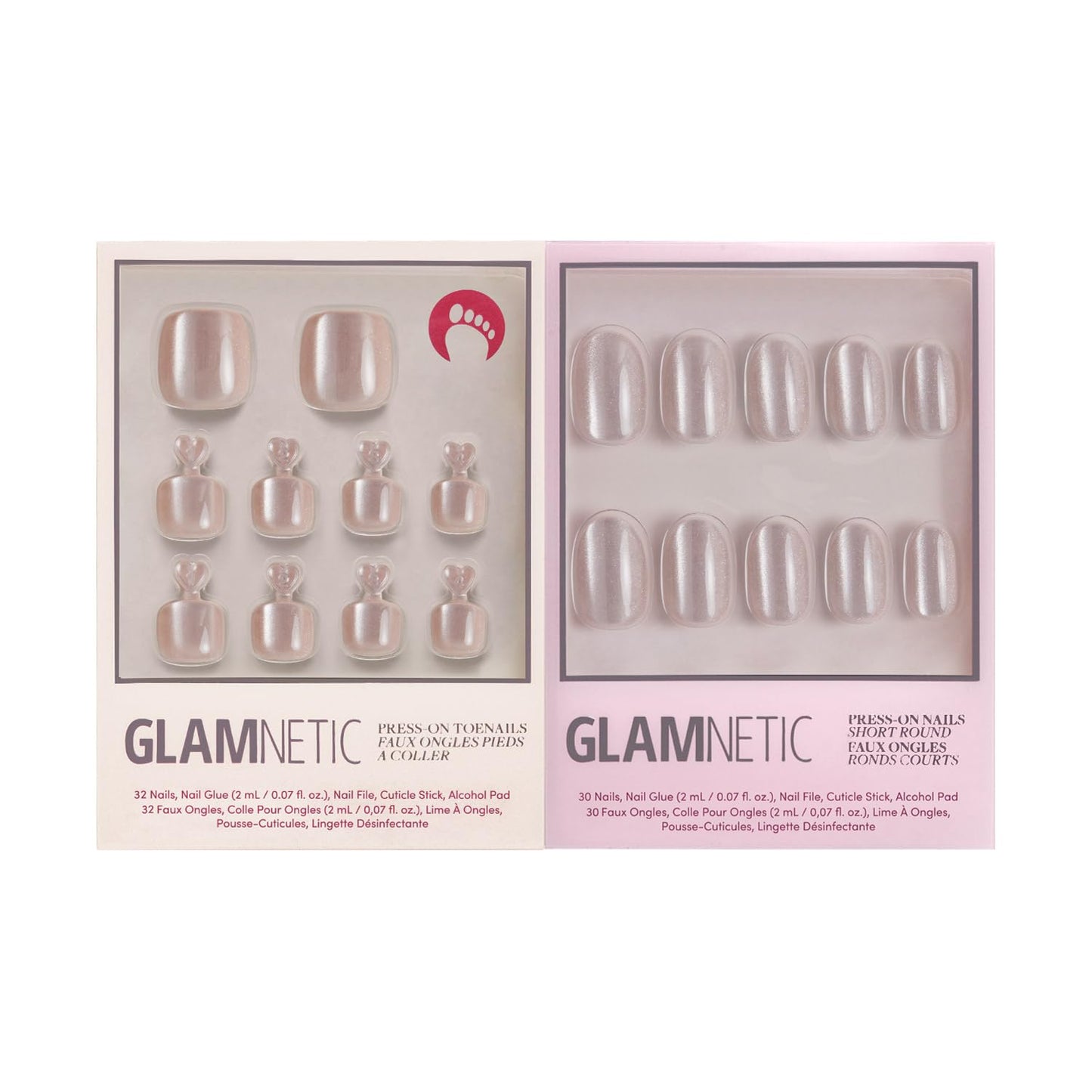 Glamnetic Press On Nails & Toenails - Pure Intentions | Subtle Iridescent Nude Sparkle Fake Nails & Toe Nails in a Glossy Finish | 12 Sizes - 30 Nail Kit & 16 Sizes - 32 Toe Nail Kit with Glue