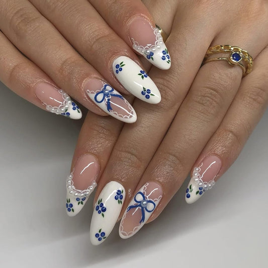 LPOODDNU Blue White Press on Nails Almond - Medium Blueberry Lace French Pearl Design Fake Nails, Glossy Finished Reusable False Nails with Adhesive Glue Tabs - 24Pcs Nail Kit for Women Manicure