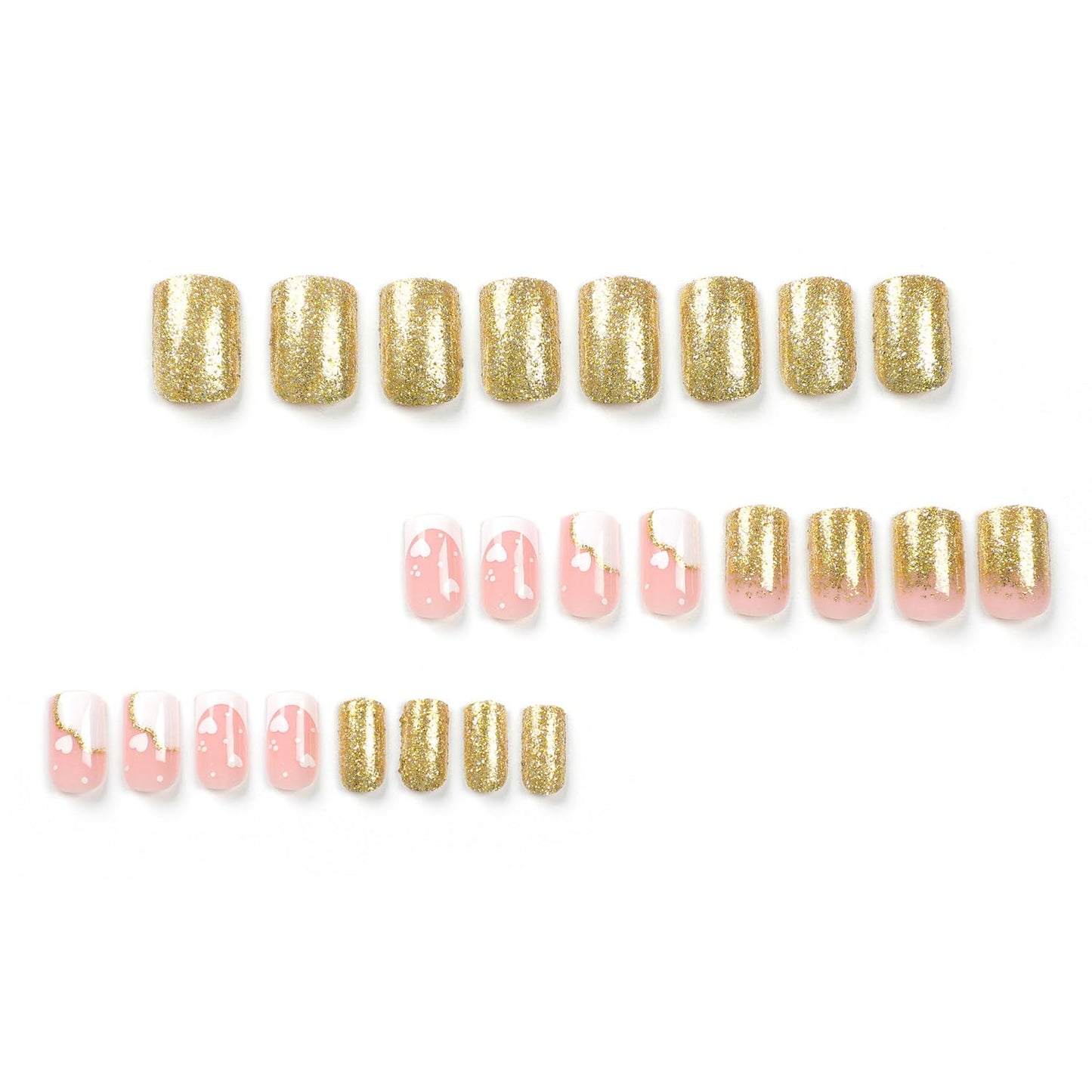 Vezocim 24Pcs Press on Nails Medium White Heart Glossy Full Cover Artificial Gold Glitter Fake Nails with Designs Acrylic Square False Nails with Glue Coffin Stick on Fingernails for Women Girls