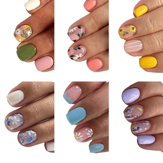 6 Packs (144 Pcs) Flower Press on Nails Short Square Fake Nails Cute Flower False Nails Spring Summer Floral Glue on Nails Full Cover Glossy Acrylic Stick on Nail for Women Manicure