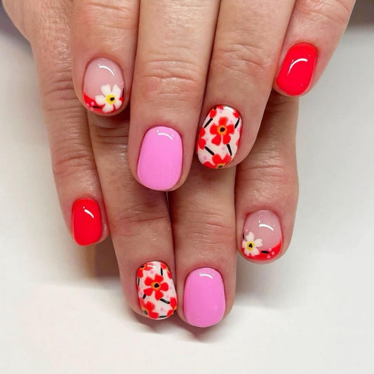 24pcs Short Square Press on Nail Flower Fake Nails Pink Red Press ones with deisgns Acrylic False Nails French Tip Stick on Nail Glossy Cute Glue on Nails for Women Spring Summer